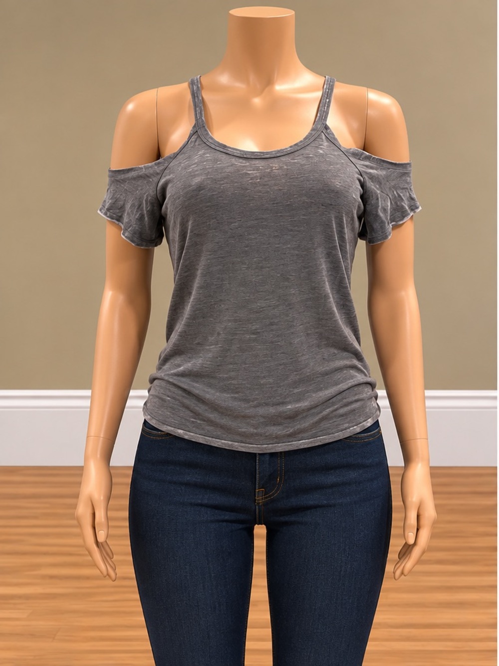 Express Gray Cold Shoulder Burnout Knit Short Sleeve Top XS